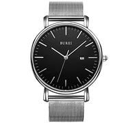 BUREI Men's Watches, Classic Analogue Dial with Date Japanese Quartz and Ultra-Thin Stainless Steel Mesh Band (Black Silver Mesh Belt, Stainless Steel)