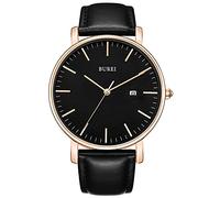 BUREI Men's Watches, Classic Analogue Dial with Date Japanese Quartz and Ultra-Thin Stainless Steel Mesh Band (Black Rose Gold, Leather)