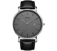 BUREI Men's Watches, Classic Analogue Dial with Date Japanese Quartz and Ultra-Thin Stainless Steel Mesh Band (Grey Black, Leather)