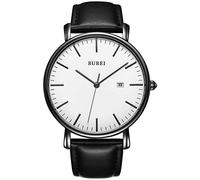 BUREI Men's Watches, Classic Analogue Dial with Date Japanese Quartz and Ultra-Thin Stainless Steel Mesh Band (White Black, Leather)