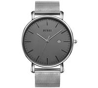 BUREI Men's Watches, Classic Analogue Dial with Date Japanese Quartz and Ultra-Thin Stainless Steel Mesh Band (Dark Gray Silver, Stainless Steel)