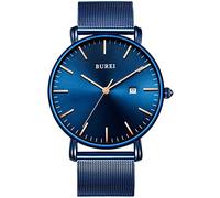BUREI Men's Watches, Classic Analogue Dial with Date Japanese Quartz and Ultra-Thin Stainless Steel Mesh Band (Blue Sun Gold, Stainless Steel)
