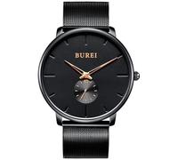 BUREI Minimalist Ultra Thin Watch Leather Strap Two Dial Waterproof Men's Business Watch, Black Yellow, Classic