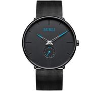 BUREI Minimalist Ultra Thin Watch Leather Strap Two Dial Waterproof Men's Business Watch, Blue black, Classic