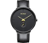 BUREI Minimalist Ultra Thin Watch Leather Strap Two Dial Waterproof Men's Business Watch, Yellow, Classic