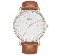 BUREI Ultra Thin Minimalist Men's Watch Calendar Chic Window Modern Simple Large Dial Leather Strap Brown Silver White Strap, Rose Silver