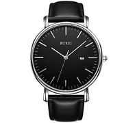 BUREI Ultra Thin Minimalist Men's Watch Calendar Chic Window Modern Simple Large Dial Leather Strap, Fully Black, Quartz Movement