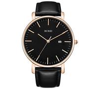 BUREI Ultra Thin Minimalist Modern Mens Watch Classy Date Gents Watch with Classic Simple Design of Big Face and Soft Brown Leather Strap
