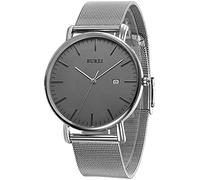BUREI Ultra Thin Minimalist Modern Mens Watch Classy Date Gents Watch with Classic Simple Design of Big Face Soft Band (Silver Grey)