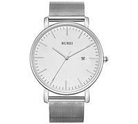 BUREI Ultra Thin Minimalist Modern Mens Watch Classy Date Gents Watch with Classic Simple Design of Big Face Soft Band (Silver White Silver)