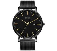 BUREI Ultra Thin Minimalist Modern Mens Watch Classy Date Gents Watch with Classic Simple Design of Big Face Soft Band (Black Gold Black)
