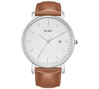 BUREI Ultra Thin Minimalist Modern Mens Watch Classy Date Gents Watch with Classic Simple Design of Big Face Soft Band (Brown-Silver)