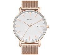 BUREI Ultra Thin Minimalist Modern Mens Watch Classy Date Gents Watch with Classic Simple Design of Big Face Soft Band (Rosegold White)