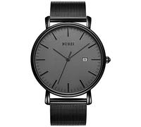 BUREI Ultra Thin Minimalist Modern Mens Watch Classy Date Gents Watch with Classic Simple Design of Big Face Soft Band (All Black)
