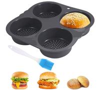 Burger Bun Mold 4 Hole with Non-Stick Coating, Silicone Hamburger Bun Mould, Reusable Perforated Baking Tray, Burger Buns Pan, Maker for Burgers, Bread, Rolls, Puffs, Tartlets, Egg Muffin - 4 Cavities