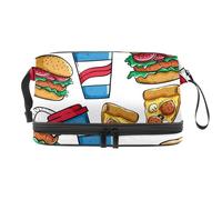 Burger Pizza Slica and Cup of Soda Double Layer Cosmetic Bag for Women and Girls, Travel Toiletry Bag Makeup Handy Pouch Organiser Bag with Brush Compartment