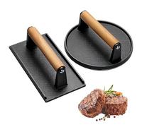 Burger Press Meat Bacon Set 2pcs, 18cm Round and 21cm Rectangular Heavy Duty Cast Iron Grills, Smash Burger Mold Meat Pie Machine with Wooden Handle for Grilled Steak Bacon Sandwich Vegetables