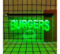 Burgers Neon Sign for Wall Decor, USB Powered Dimmable LED Neon Lights for Burgers Shop Fast Food Restaurants Party,Green,30x20cm
