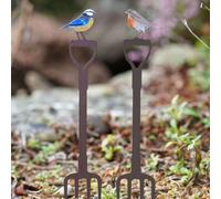 Burgess Mini Robin + Blue Tit On Fork Set Metal Garden Stake Outdoor Statue Decoration 30Cm Tall British Bird Watcher Gardening Gift