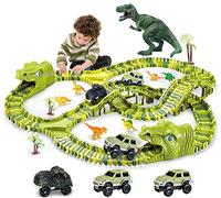 burgkidz Dinosaur Kids' Play Car Race Tracks, 260 Pcs Flexible Dinosaur Train Tracks with 7 Dinosaurs Figures and 3 Race Cars Vehicle, Birthday Gift for Boys Girls Ages 3+ Years