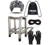 Burglar Granny Adult Old Grandpa 5 Pcs Accessories Set, Grey Curly Afro Wig, Eye mask, Swag Bag, Gloves with Inflatable Zimmer Frame Carnival Fancy Dress Up