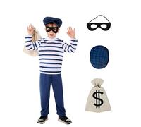 Burglar World Book Day Costumes for Boys, Book Characters Costume Robber Bill Striped Shirt Eye Mask Swag Bag Thief School Book Week Fancy Dress