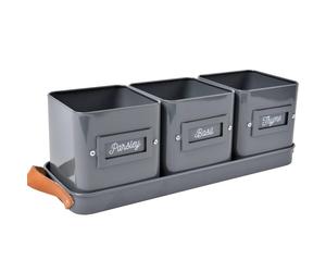 Burgon & Ball 3 Herb Pots in a Leather Handled Tray - Charcoal
