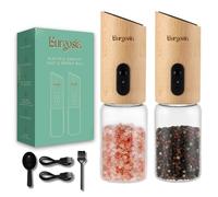 Burgosia Wooden Electric Gravity Pepper and Salt Grinder, Refillable Mill, USB Rechargeable, Adjustable Coarseness, One-Handed Automatic Operation, Real Wood, 2 pack (Natural/Natural Beech)
