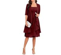 Burgundy 2 Pieces Mother of The Groom Beach Wedding Dress with Jacket Tea Length Half Sleeve Chiffon Ruffle for Women UK12