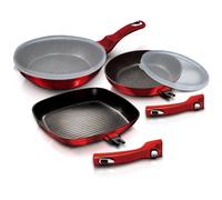 5Pc Non Stick Aluminum Frying Pan Set with Grill Induction Detachable Handles (Burgundy)