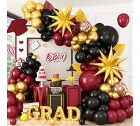 Burgundy Balloon Arch Kit, Black Red Gold Balloon Garland with Star Foil Balloons for Graduation Grad Celebrations Anniversary Wedding Decorations