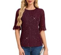 Burgundy Blouses Crew Neck Sequin Top with Bell Sleeve Women's Christmas Outfits New Years Eve Tops for Women 2025 Ladies Holiday Party Rave Outfits Burgundy XL