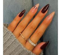 Burgundy Bow Almond Press on Nails Short False Nails - 24Pcs Glossy French Tip Stick on for Women, Handmade No UV Needed with 3D Design & Coffin Shape Fake Short Almond Tips Semi Permanent