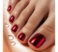 Burgundy Electroplating Press on Toe Nails Short Square Fake Toe Nails Red Solid Color Mirror Toe Nail Red Chrome False Toenails Glossy Summer Acrylic Toe Manicure Decorations for Women Girls 24Pcs
