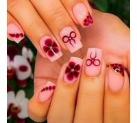 Burgundy Flossy Press-On Nails with Gold Detailing - 24Pcs Medium Square Full Cover False Nails Kit, Glossy Floral Patterns & Bows Design for Elegant Wedding, Summer & Party Art