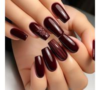 Burgundy Glossy Press On Nails Short Almond Shape - Elegant Floral Design French Tip False Nails Set for Women, 24PC Manicure Kit with Art Stickers & Accessories Party Wear Autumn