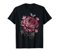 Burgundy Gothic Rose Moth Moody Garden Botanical Design T-Shirt