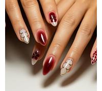 Burgundy Gradient Press-On Nails Glossy Floral Gold Line Polka Dot Details Medium Almond Shape - 24 PCS Short Square Fake Nails Set For Women Daily Wear And Decoration With Modern French Manicure