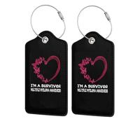 Burgundy Heart I'm A Survivor Multiple Myeloma Awareness Leather Luggage Tag with Stainless Steel Ring and Privacy Cover for Suitcase Travel5