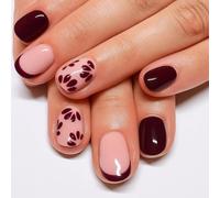 Burgundy Leaf Pattern Press On Nails For Daily Wear & Special Occasions - Glossy French Tip Short Squoval False Nails Kit with 24 Pre-Shaped, Manicure Set for Elegant Look, Party Wedding