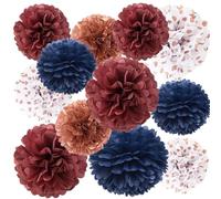 Burgundy Navy Blue Rose Gold Wedding Birthday Party Decorations Tissue Paper Pom Poms Maroon Blue Flowers Backdrop Wall Hanging Décor Bridal Shower Bachelorette 12" 10" Pack of 12