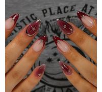 Burgundy Ombre Press On Nails - 24Pcs Almond French Tips with Metallic Star Accents, Medium Long Handmade Set for Winter Snowflake Nail Art Look