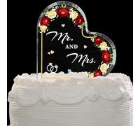 Burgundy Peony Acrylic Wedding Cake Topper, Mr & Mrs Heart Acrylic Block, Modern Vintage Cake Decoration for Wedding, Engagement & Anniversary Party(3.93in)