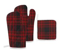 Burgundy Red and Black Plaid Oven Mitts and Pot Holders Christmas Grid Kitchen Glove Sets Heat Kitchen Hot Pads for Microwave BBQ Baking Grilling