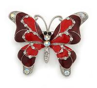 Burgundy/Red Enamel Crystal Butterfly Brooch In Rhodium Plating - 50mm W