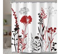Burgundy Red Floral Shower Curtain Set Black Grey Silhouette Bathroom Decor