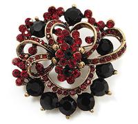 Burgundy Red & Jet-Black Diamante Corsage Brooch (Antique Gold Tone)