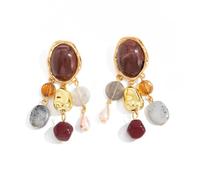 Burgundy Resin & Stone Beaded Dangle,Earrings for Women Vintage INS Style Gold Alloy Statement,Drop Earrings with Pearl Accents