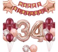 Burgundy Rose Gold 34th Birthday Balloons Decoration, 34 Years Old Birthday Decoration for her, Cheers to 34 Bday Supplies(34th)
