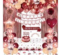 Burgundy Rose Gold Birthday Decorations Set - Happy Birthday Banner, Sash Tiara Crown, Latex Star Heart Foil Balloons, Fringe Curtain, Tablecloth, Pom Poms for Women Girls Princess Party Supplies